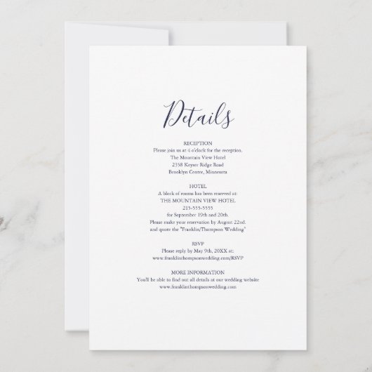 Invitation Tout en un simple Mariage de script bleu marine (Dos)