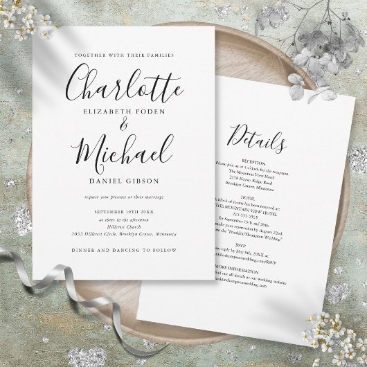 Invitation Tout En Un Simple Mariage De Script Noir Et Blanc