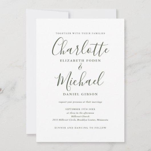 Invitation Tout en un simple Mariage de script vert olive (Devant)
