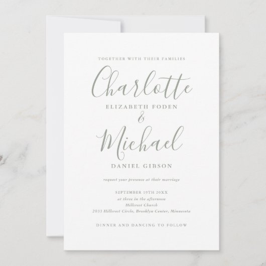 Invitation Tout en un simple Mariage de script vert Sage (Devant)