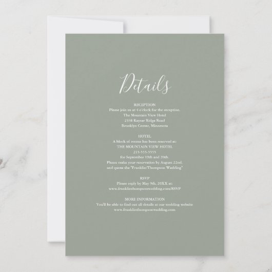 Invitation Tout en un simple Mariage de script vert Sage (Dos)