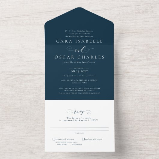 Invitation Tout En Un Simple mariage élégant marine bleu traditionnel (À l'intérieur)