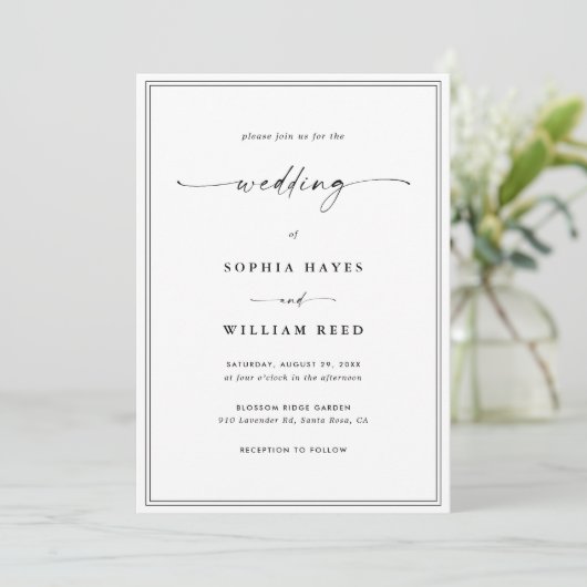 Invitation Tout-en-un simple Mariage noir et blanc classique (Debout devant)
