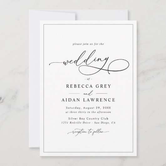 Invitation Tout-en-un simple Mariage noir et blanc classique (Devant)