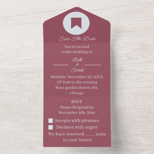 Invitation Tout En Un Simple Maroon Customisé Enregistrer La Date (À l'intérieur)