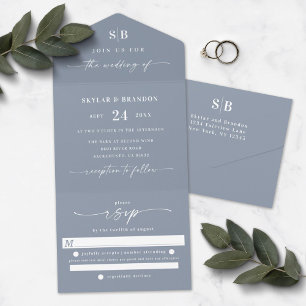 Invitation Tout En Un Simple Monogramme & Écriture Bleu Poussiéreux Mari