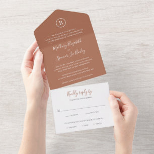 Invitation Tout En Un Simple Monogramme Elegant Boho Terracotta Mariage
