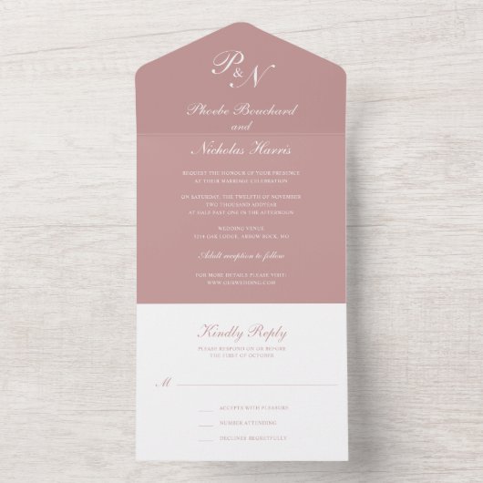 Invitation Tout En Un Simple Monogramme Elegant Dusty Rose Mariage (À l'intérieur)