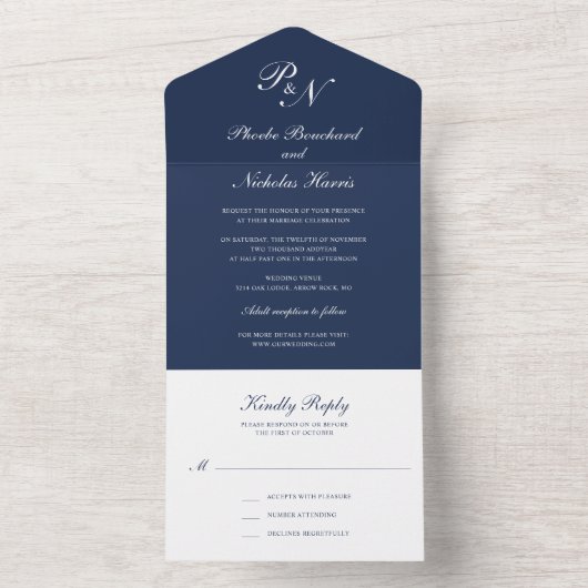 Invitation Tout En Un Simple Monogramme Elegant Mariage bleu marine (À l'intérieur)