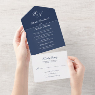 Invitation Tout En Un Simple Monogramme Elegant Mariage bleu marine