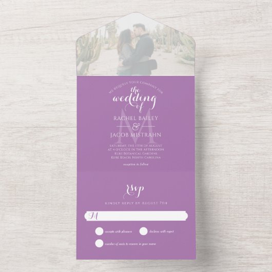 Invitation Tout En Un Simple Monogramme Lavande Violet Photo Mariage (À l'intérieur)