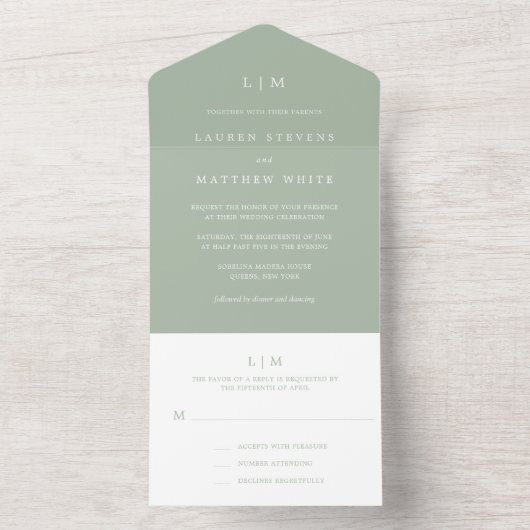 Invitation Tout En Un Simple Monogramme Sage Vert Formal Élégant Mariage (À l'intérieur)