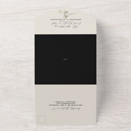 Invitation Tout En Un Simple Moody Greenery Mariage noir & beige (Dehors)