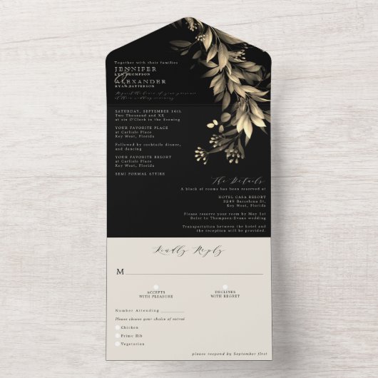 Invitation Tout En Un Simple Moody Greenery Mariage noir & beige (À l'intérieur)