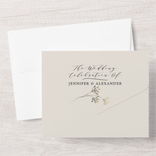 Invitation Tout En Un Simple Moody Greenery Mariage noir & beige (Verso)