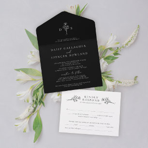 Invitation Tout En Un Simple Noir Moderne Mariage de Monogramme Floral