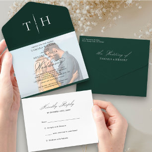 Invitation Tout En Un Simple Photo de calligraphie émeraude RSVP Mariage