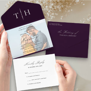 Invitation Tout En Un Simple Photo de calligraphie violet RSVP Mariage