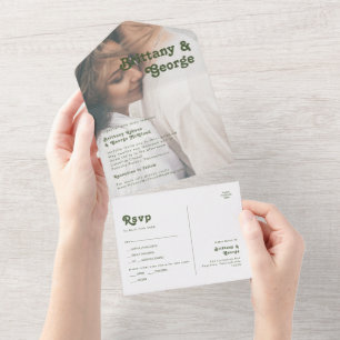 Invitation Tout En Un Simple Retro Olive Green Faded Photo Seal et envoy