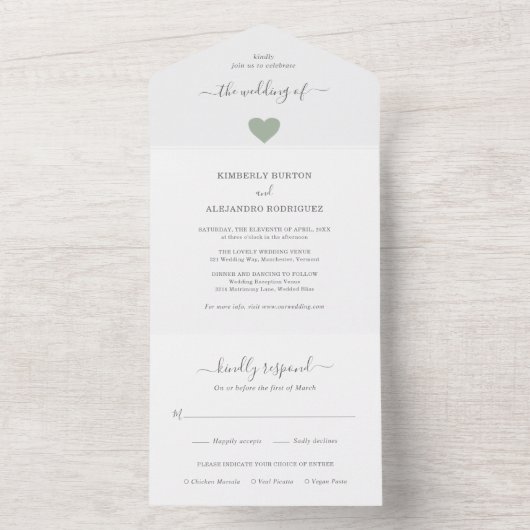 Invitation Tout En Un Simple Sage Green Cute Heart Modern Mariage (À l'intérieur)