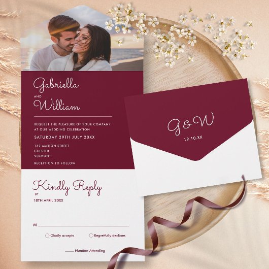 Invitation Tout En Un Simple Script Mariage Monogramme Photo