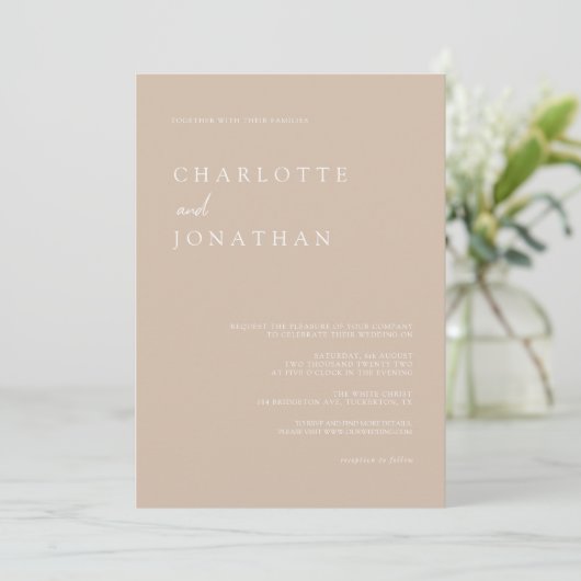 Invitation Tout en un simple script moderne Taupe Mariage ros (Debout devant)