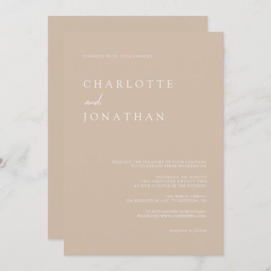 Invitation Tout en un simple script moderne Taupe Mariage ros (Devant / Derrière)