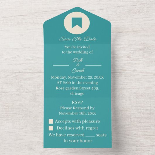 Invitation Tout En Un Simple Turquoise Customisé Enregistrer la date (À l'intérieur)