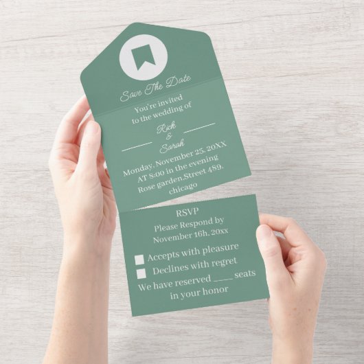 Invitation Tout En Un Simple Vert Customisé Enregistrer la date (Déchirure)