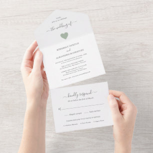 Invitation Tout En Un Simple Vert Sauge Mignon Cœur Mariage Moderne