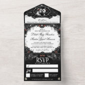 Invitation Tout En Un Skeletons mariage Black & Red Rose Élégant (À l'intérieur)