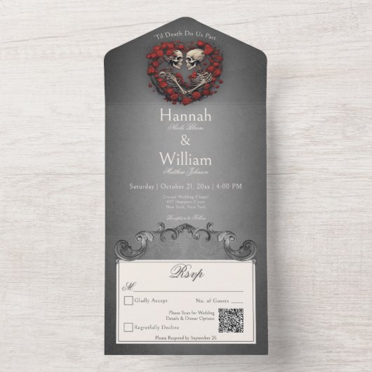 Invitation Tout En Un Skeletons sombres gothiques et Coeur Rose Code QR (À l'intérieur)