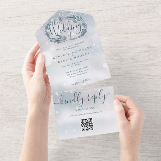 Invitation Tout En Un Snowflake Rustique Floral QR Code Mariage (Déchirure)