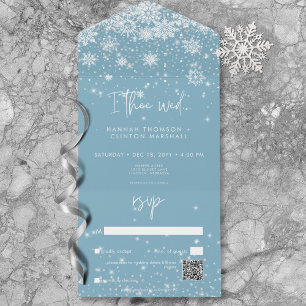 Invitation Tout En Un Snowflakes blanc moderne Code QR bleu