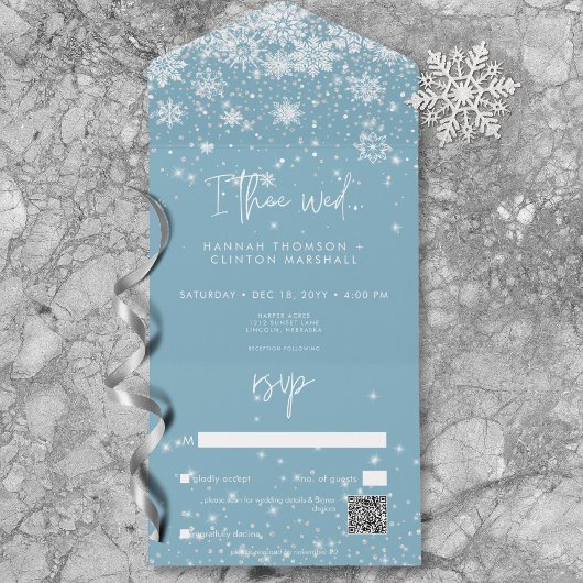 Invitation Tout En Un Snowflakes blanc moderne Code QR bleu