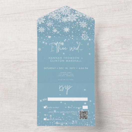 Invitation Tout En Un Snowflakes blanc moderne Code QR bleu (À l'intérieur)