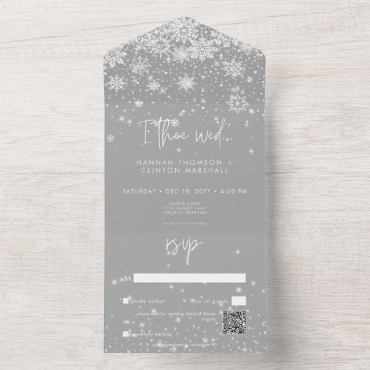 Invitation Tout En Un Snowflakes blanc moderne Code QR Mariage (À l'intérieur)