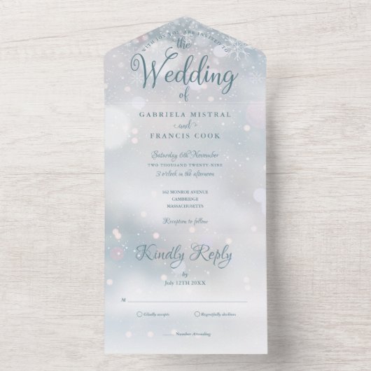 Invitation Tout En Un Snowflakes Élégant Script Mariage hivernal (À l'intérieur)