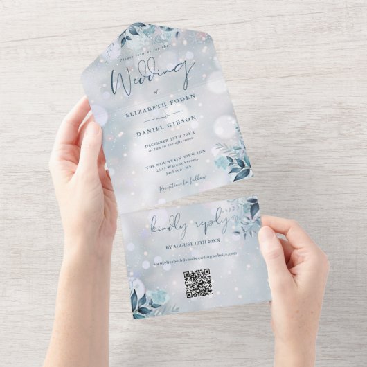 Invitation Tout En Un Snowflakes Floral QR Code Mariage (Déchirure)