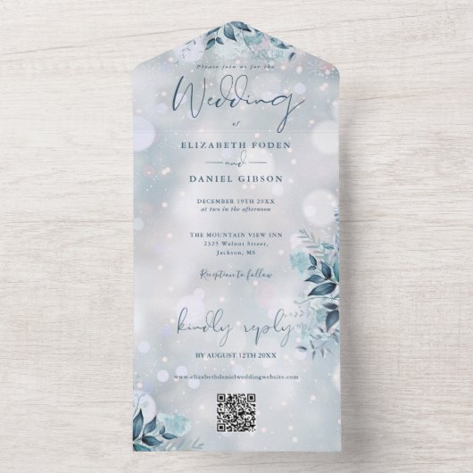 Invitation Tout En Un Snowflakes Floral QR Code Mariage (À l'intérieur)