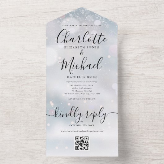 Invitation Tout En Un Snowflakes hiver QR Code Mariage (À l'intérieur)