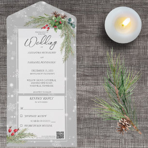 Invitation Tout En Un Snowflakes on Grey with Pine Branches Code QR