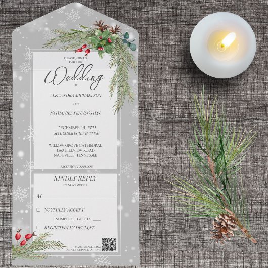 Invitation Tout En Un Snowflakes on Grey with Pine Branches Code QR
