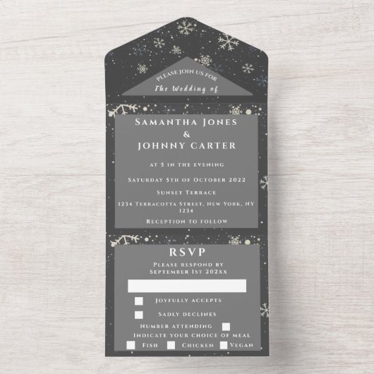 Invitation Tout En Un Snowflakes Snow Grey Winter Wonderland Mariage Tou (À l'intérieur)