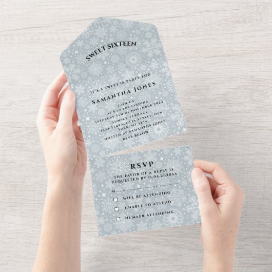 Invitation Tout En Un Snowflakes Sweet 16 Jolie Grey Girly (Déchirure)
