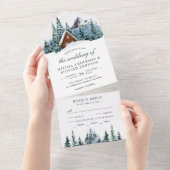 Invitation Tout En Un Snowy Winter Mountain Forest Cabine Lodge Mariage (Déchirure)