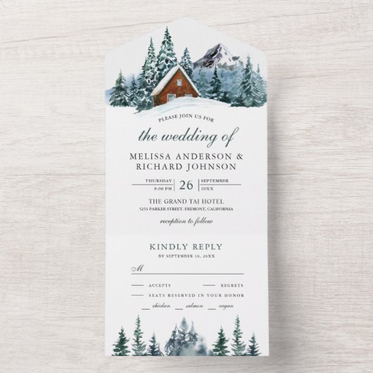 Invitation Tout En Un Snowy Winter Mountain Forest Cabine Lodge Mariage (À l'intérieur)