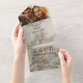 Invitation Tout En Un Soft Abstrait Botanical Grey Green Minimal QR Code (Déchirure)