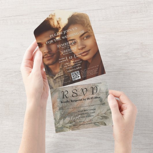 Invitation Tout En Un Soft Abstrait Botanical Grey Green Photo QR Code (Déchirure)