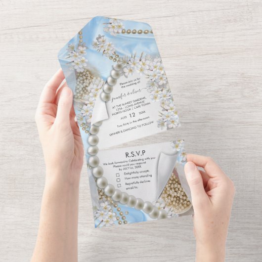Invitation Tout En Un Soie bleue et perles tout en un mariage Inviter (Déchirure)